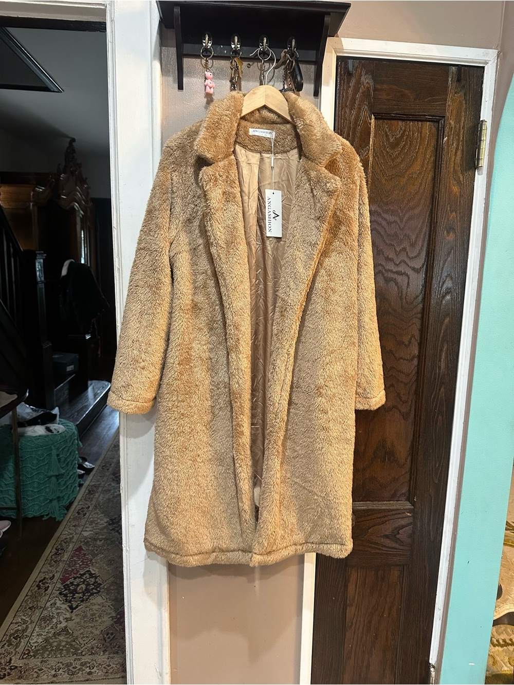 Angashion Plush Tan Teddy Fleece Shawl Collar Faux Fur Jacket